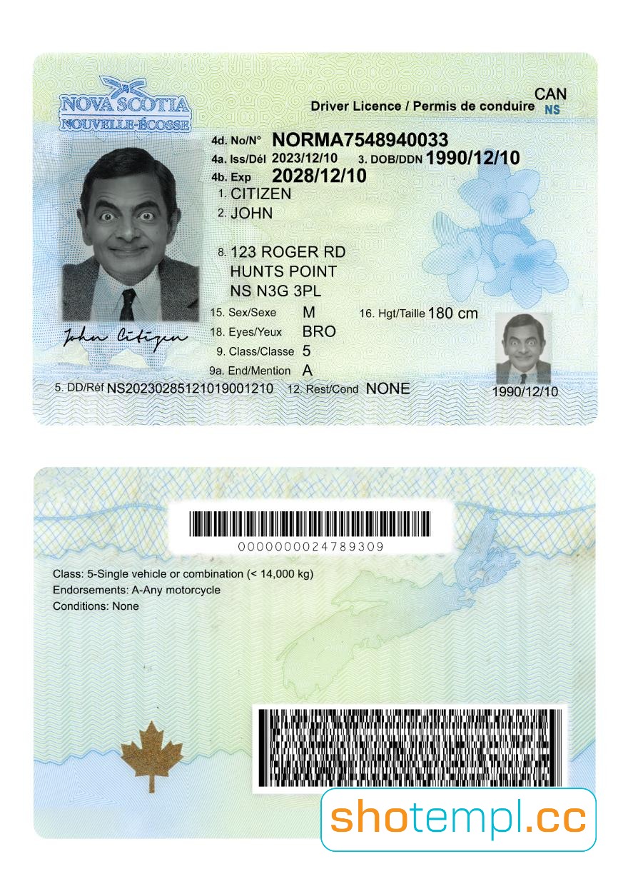 Canada Nova Scotia Driver License PSD Template